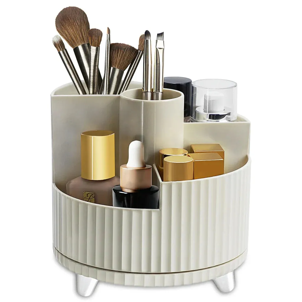 360°Rotating Makeup Organiser Brush Holder, Milky White Beige Skincare Cosmetic Storage