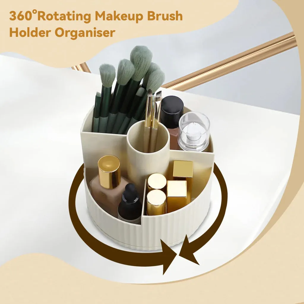 360°Rotating Makeup Organiser Brush Holder, Milky White Beige Skincare Cosmetic Storage