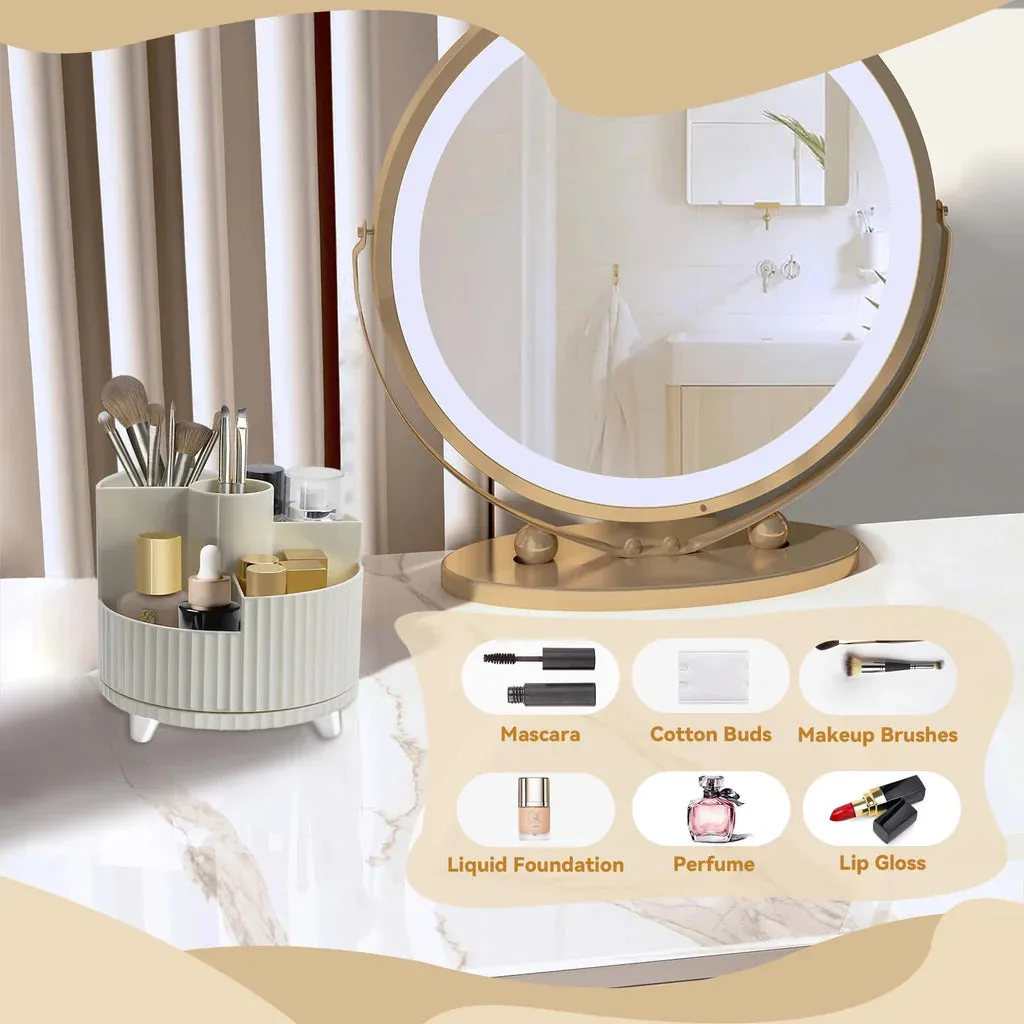 360°Rotating Makeup Organiser Brush Holder, Milky White Beige Skincare Cosmetic Storage