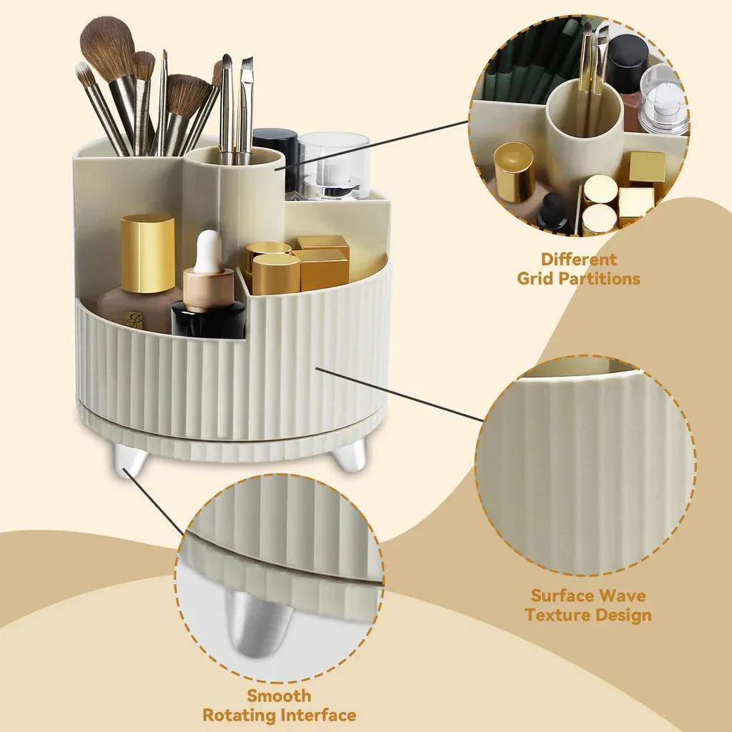 360°Rotating Makeup Organiser Brush Holder, Milky White Beige Skincare Cosmetic Storage