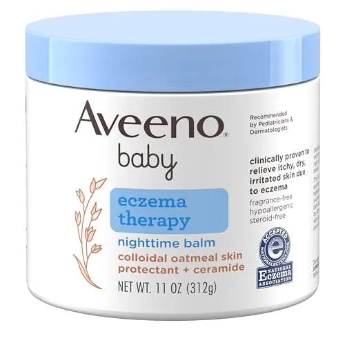 Aveeno Baby Eczema Therapy Nighttime Moisturizing Body Balm, Nourishing Skin Protectant Soothes & Relieves Dry, Itchy Skin from Eczema, Hypoallergenic, Fragrance- & Steroid-Free, 11 oz