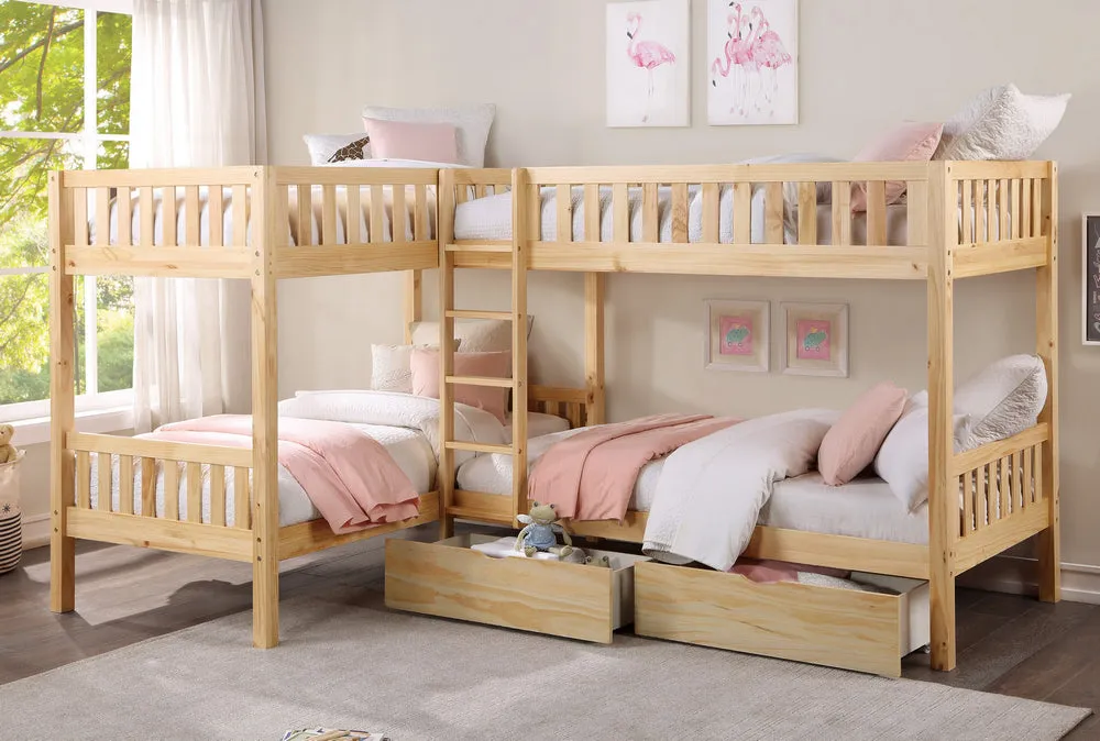 Bartly Natural Pine Quadruple Twin Bunk Bed w/ Storage