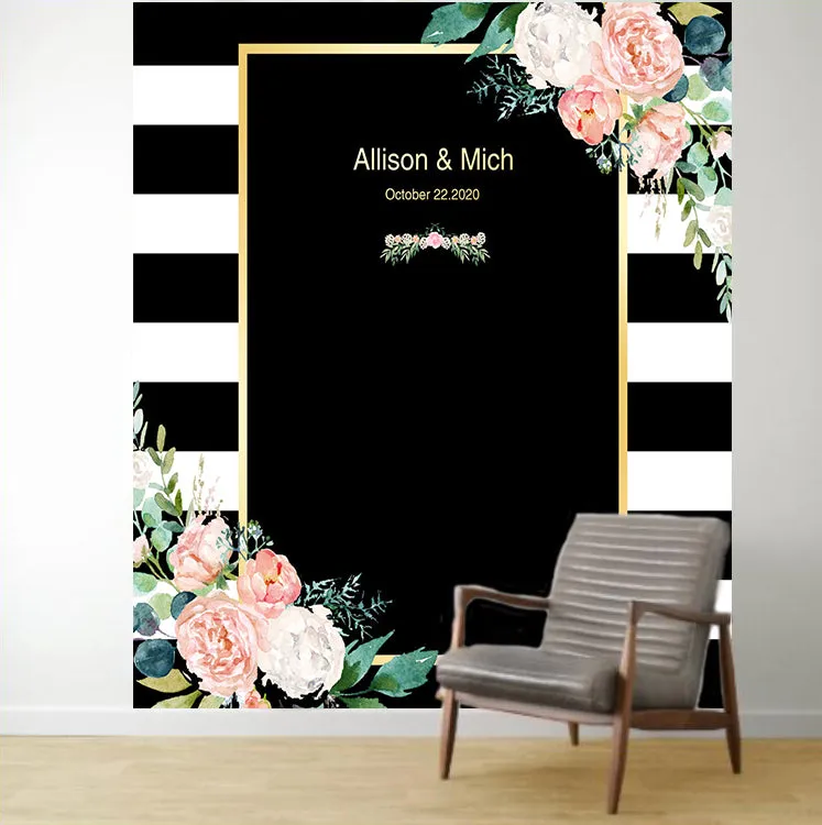 Black White Stripes Blush Floral Wedding Backdrop