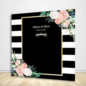 Black White Stripes Blush Floral Wedding Backdrop