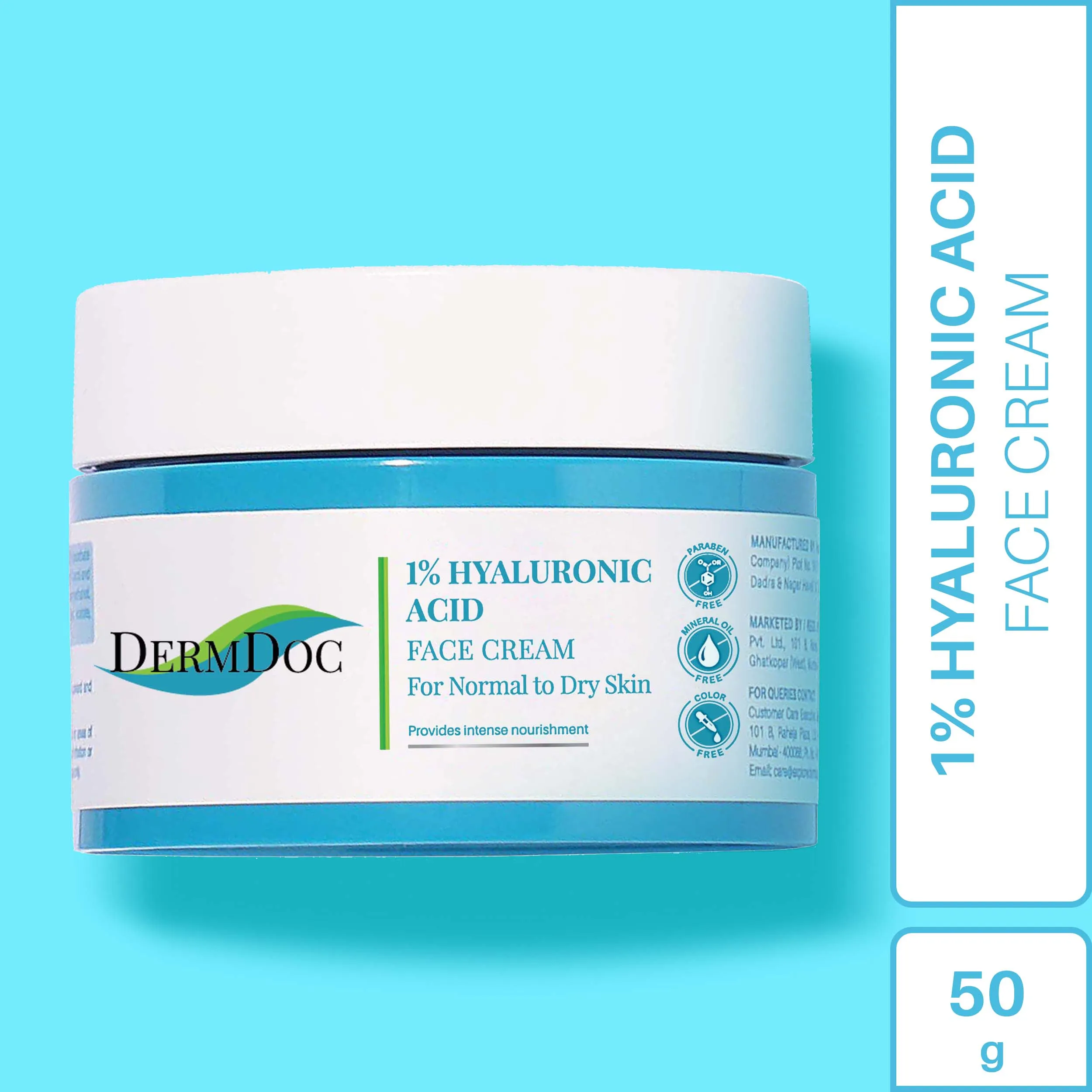 DermDoc 1% Pure Hyaluronic Acid Moisturizing Face Cream (50 gm) | hyaluronic acid moisturizer | face moisturizer for dry skin | oil free moisturizer | dry skin face cream | face cream for dry skin | hydrating moisturizer