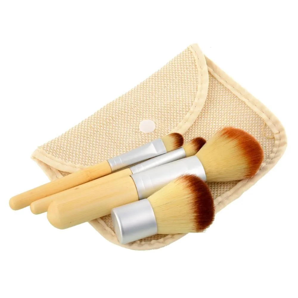 Hot New Portable 4Pcs Bamboo Handle Cosmetics Powder Makeup Beauty Brush Set