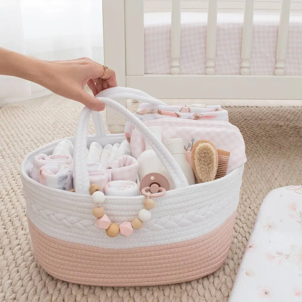 Living Textiles | 100% Cotton Rope Nappy Caddy - Small - Blush/White