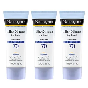 Neutrogena Ultra Sheer Dry-Touch Sunscreen Lotion, Broad Spectrum SPF 70 UVA/UVB Protection, Lightweight Water Resistant, Non-Comedogenic & Non-Greasy, Travel Size, 3 fl. oz