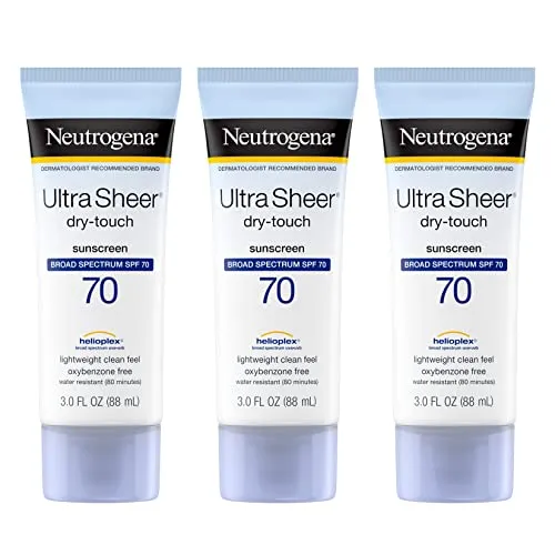 Neutrogena Ultra Sheer Dry-Touch Sunscreen Lotion, Broad Spectrum SPF 70 UVA/UVB Protection, Lightweight Water Resistant, Non-Comedogenic & Non-Greasy, Travel Size, 3 fl. oz