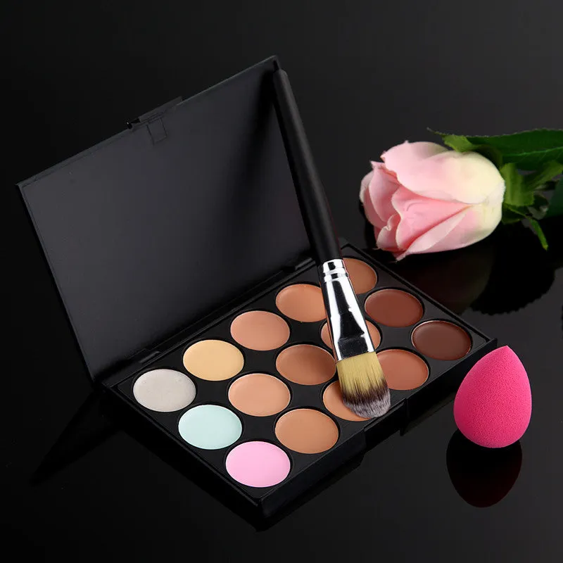 New Arrival 15 Color Concealer Palette   Makeup Brush   Cute Pink Sponge Puff Makeup Contour Palette