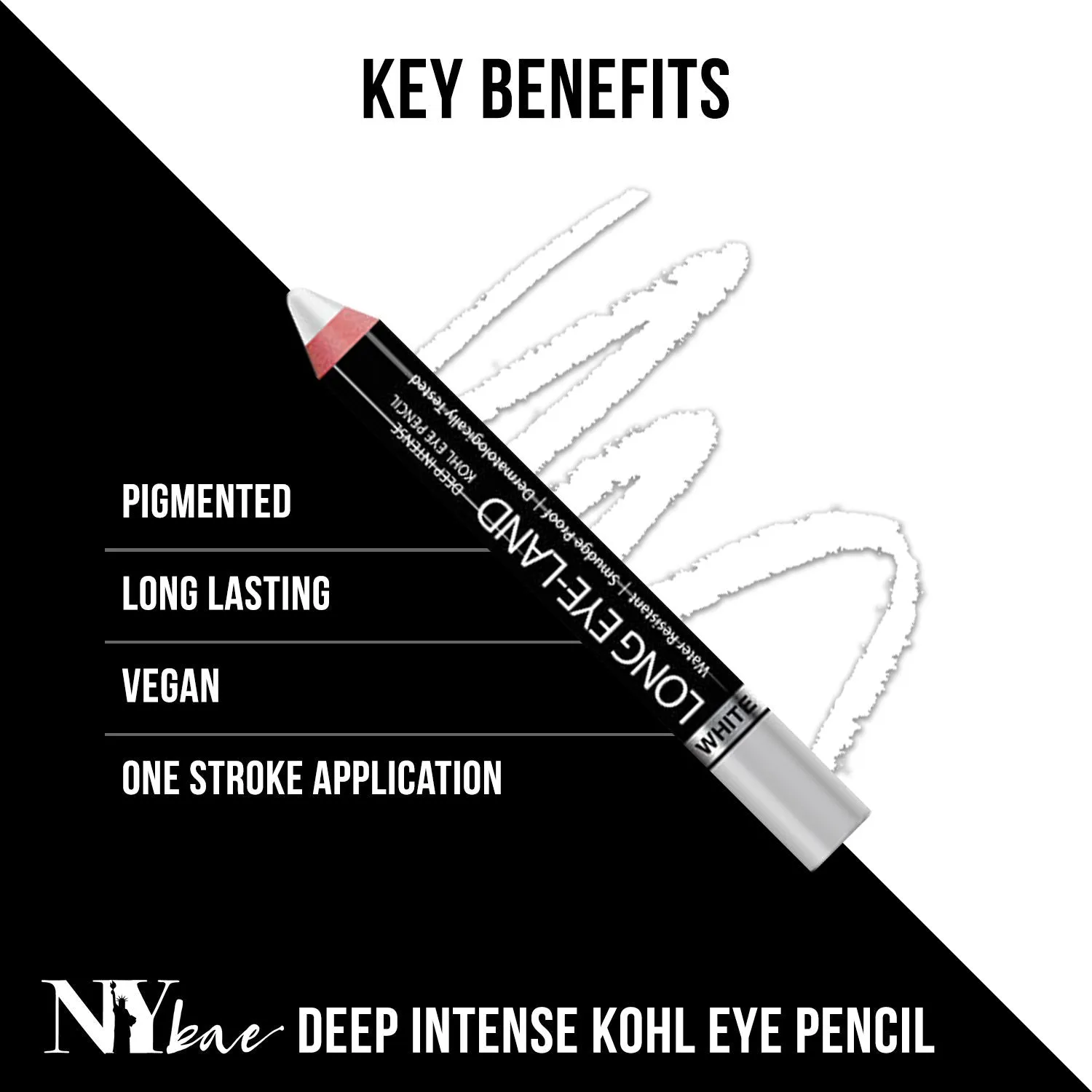 Ny Bae Long Eye-Land | Deep Intense Kajal | Eye Pencil | Shimmer Finish | High Pigmentation | Enriched with Vitamin E And Castor Oil - White